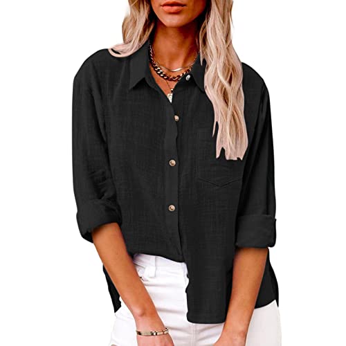 Womens Linen Tops 2023 Suumer Cotton Button Down Long Sleeve Blouse Casual V-Neck Roll Up Gauze Shirts Loose Fit Solid Color Trendy Comfy Lightweight Plus Size Ruffle Hem Tee（C-Black,4XL