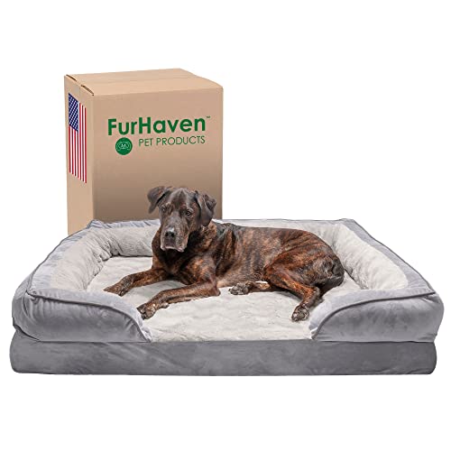 Furhaven Orthopedic Dog Bed for Large Dogs w/ Removable Bolsters & Washable Cover, For Dogs Up to 125 lbs - Plush & Velvet Waves Perfect Comfort Sofa - Granite Gray, Jumbo Plus/XXL