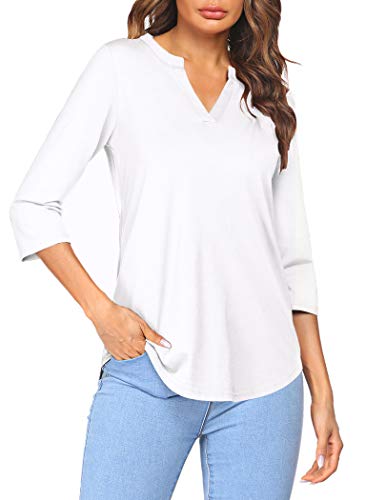 Sherosa Womens Tops 3/4 Sleeve Casual V Neckline Henley Tunic Blouse White