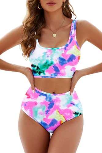 Womens High Waisted Bikini Tie Dye Bandeau Top Rainbow Sports Style Low Scoop Crop Swimsuits Two Piece Bathing Suits, Red, M