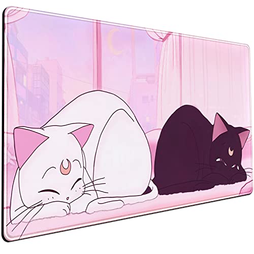 Desk Pad Pink Anime White Cat Black Cat Gaming Mouse Pad Large, Office Decor Exclusive Beautiful Girls Non-Slip Rubber Computer Mat For Women Desktop with Stitched Edges 31.5x15.7 in