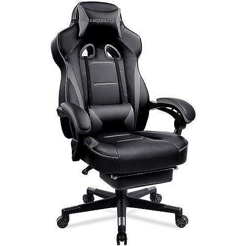 LUCKRACER Gaming Chair with Footrest Office Desk Chair Ergonomic Gaming Chair PU Leather High Back Adjustable Swivel Lumbar Support Racing Style E-Sports Gamer Chairs by GTRACING (Gray)