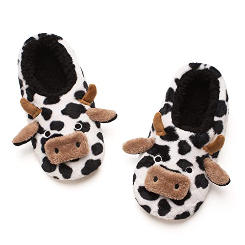 The Metluks Cute Animal House Slippers for Teens Girls Boys Kids Indoor, Warm Fuzzy Bedroom Sock Shoes with Grippers Non slip, Cozy Funny Christmas Gifts Cow Adult Women Size 7-8