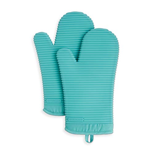 KitchenAid Ribbed Soft Silicone Oven Mitt Set, 7'x13', Aqua Sky 2 Count