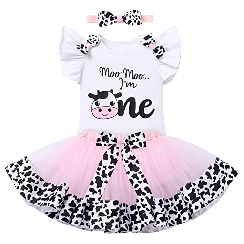 Cow Themed First Birthday Girl Outfit Moo Moo I’m One Romper Tutu Skirt Headband Cake Smash Photoshoot Toddler Baby Cows Print 1st Birthday Outfit Farm Animals Party Supplies Halloween Costume Pink 1T