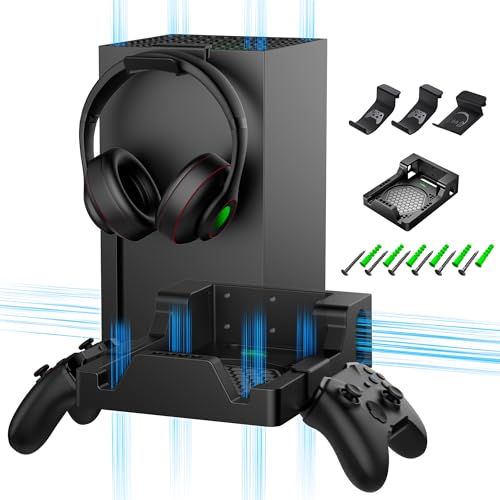Wall Mount for Xbox Series X - with 2 Controller Holders and 1 Headphone Stand, Wall Mount Kit for Xbox Series X Accessories, Dual Ventilation Design Wall Shelf, Place Console Front Facing