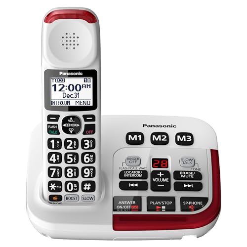 Panasonic Amplified Cordless Phone with Slow Talk, 40dB Volume Boost, 100dB Loud Visual Ringer, Hearing Aid Compatibility, Large Screen and Backlit Keypad - KX-TGM420W - 1 Handset (White)