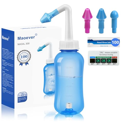 Neti Pot Sinus Rinse Bottle Nose Wash Cleaner Pressure Rinse Nasal Irrigation for Adult & Kid BPA Free 300 ML with 100 Nasal Wash Salt Packets and Sticker Thermometer(Blue)