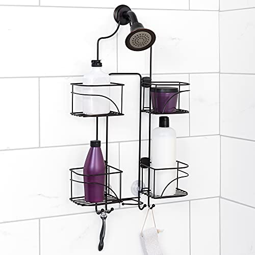 Zenna Home Hanging Shower Caddy, Over the Shower Head Bathroom Storage, Made for Handheld Shower Hoses, Rust Resistant, No Drilling, Expandable Organizer with 4 Baskets, Razor Holders, Hooks, Bronze