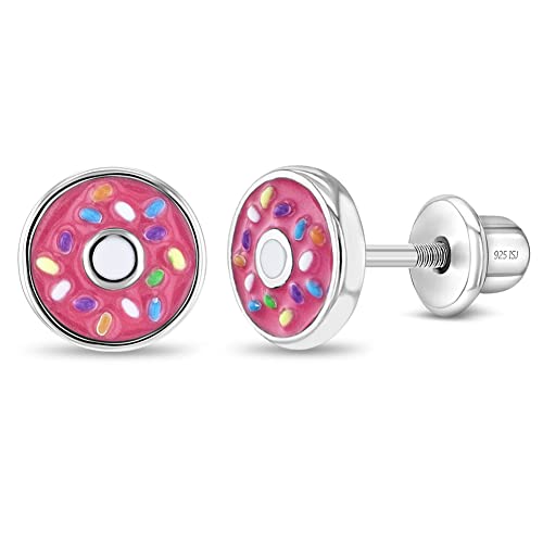 925 Sterling Silver Pink Enamel Donut Earrings with Tiny Colorful Sprinkles for Little Girls - Fashionable Screw Back Earrings for Preteens