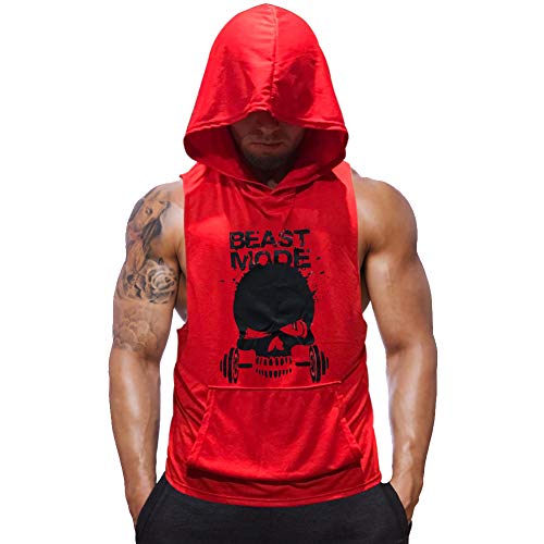SZKANI Mens Skull Print Sleeveless Fitness Vest Bodybuilding Stringers Workout Tank Tops (X-Large, Red(Single Dumbbell))