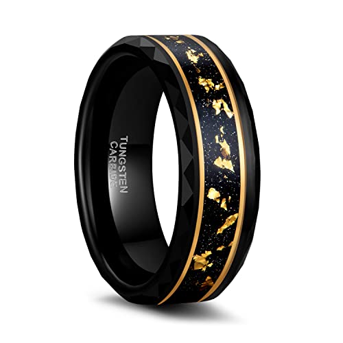 Greenpod 8MM Tungsten Carbide Rings for Men Hammered Polished Faceted Edge Wedding Band Gold foil with Black Dinas Inlay Comfort Fit Size 9