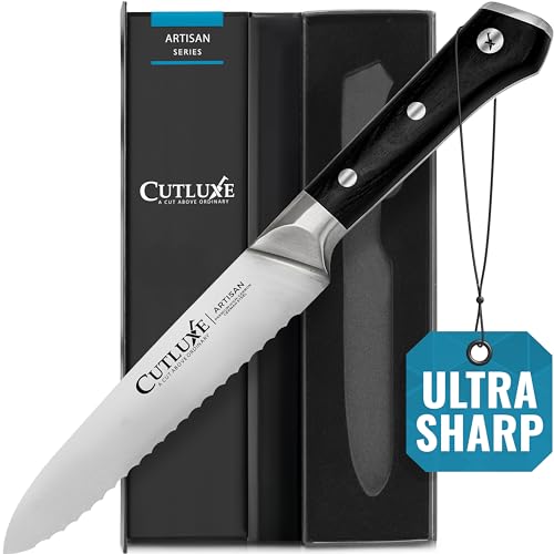 Cutluxe Serrated Utility Knife – 5' Kitchen Tomato Knife – Forged High Carbon German Steel – Full Tang & Razor Sharp – Ergonomic Handle Design – Artisan Series