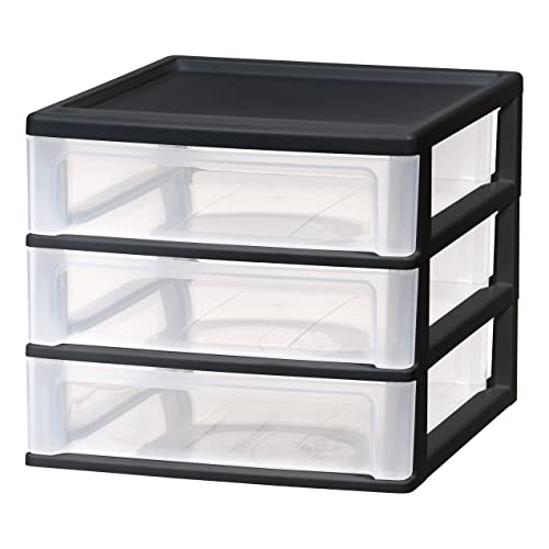 IRIS USA Medium 3-Drawer Stacking Desktop Organizer, 1 Pack, Plastic Drawer Storage Container for Stationery Art Craft Supplies Kitchen Office Garage and Small Business Organization, Black