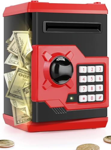 PLAYSHEEK Piggy Bank for Girls Boys Large Electronic Money Coin Banks with Password Protection, Automatic Paper Money Scroll Saving Box, Great Gift for Kids (Black-Red)
