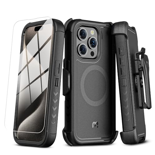 MYBAT PRO Maverick Series iPhone 15 Pro Max Case with Belt Clip Holster,[Compatible with Magsafe] w/Screen Protector,Anti-Drop,Shockproof,with 360°Rotating Kickstand,Heavy Duty Protection Black