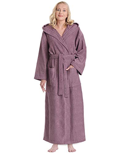 Arus Women's Soft Twist Hooded Full Length Turkish Cotton Long Bath Robe, Plum, X-Large