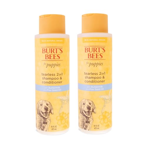 Burt's Bees for Pets Natural Tearless 2 in 1 Dog Shampoo & Conditioner with Buttermilk and Flax Seed Oil - Gentle & Safe for Puppies - pH Balanced for Puppies - Made in USA, 16 Oz - 2 Pack