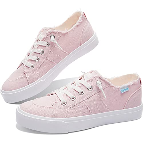 Obtaom Women's Play Fashion Sneaker Coral Pink Comfortable Walking Shoes Sweet Pink Canvas Slip on Shoes(Pink US5)