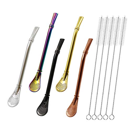 Stainless Steel Straw Filter Spoon, Yerba Mate Bombilla, Loose Leaf Tea Strainer, Tea Straw for Drinking Coffee, Cocktail, Pack of 5 with Cleaning Brush (5 colors)