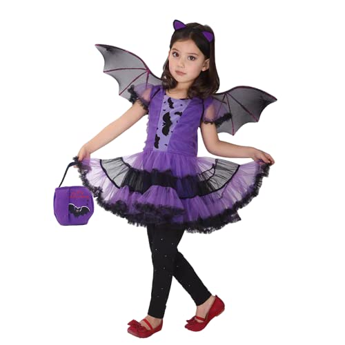 DNQCOS Girls Bat Halloween Costume Witch Cosplay Costume Tutu Dress Set for Kids (4-6X, Bat Purple)