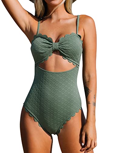CUPSHE Women's One Piece Swimsuit Sexy Black Cutout Scallop Trim Bathing Suit, L