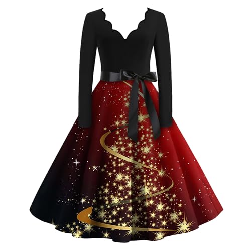 INGWHW Sexy Christmas Dresses for Women, Fashion V-Neck Casual Slim Printed Long Sleeve Dresses Outfit Candy Cane Women Outfit Tacky Dresses Maxi Tree Holiday Dress Costumes Dresses (S, Gold)