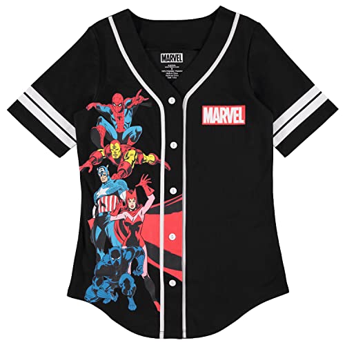 Marvel Ladies Comics Baseball Jersey - Spiderman, Ironman, Captain America & Hulk Mesh Button Down Baseball Jersey (Black, X-Large)