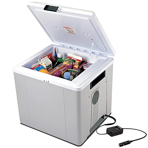 Koolatron Electric Portable Cooler Plug in 12V Car Cooler/Warmer 29 qt (27 L), No Ice Thermo Electric Portable Fridge for Camping, Travel Road Trips Trucking with 12 Volt DC Power,Gray/White.