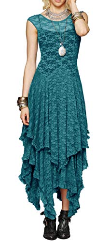 R.Vivimos Womens Sleeveless Backless Asymmetrical Layered Lace Long Dress with Slip Two Pieces (Medium, Green)