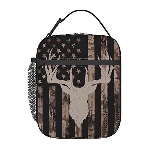 Yilad Camo Hunting Lunch Box Insulated Reusable Deer American Flag Lunch Bag Cooler Bag For Women Men Work Picnic Hiking
