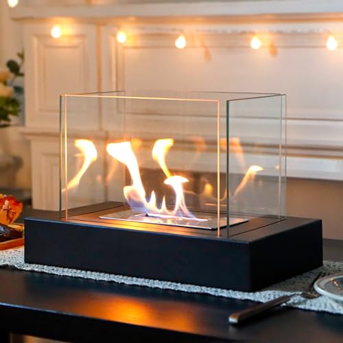 Rectangular Tabletop Fire Bowl Pot with Four-Sided Glass 13.5' L Portable Tabletop Fireplace Clean Burning Bio Ethanol Ventless Fireplace for Indoor Outdoor Patio Parties Events