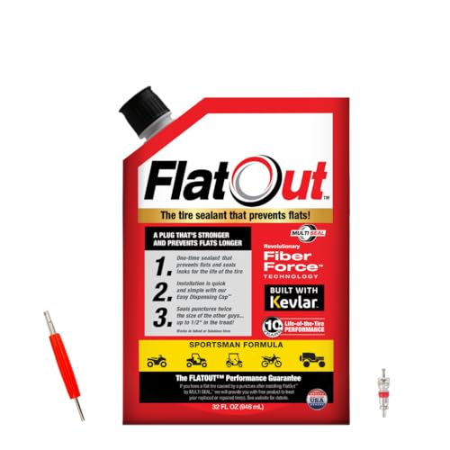 Flat Out Off Road Tire Sealant, Sportsman Formula with Valve Core Tool and Replacement Valve Core, Prevents Flat Tires, Fix a Flat Tire, Seals Leaks, Contains Kevlar, 32 Ounce Bag, 1-Pack
