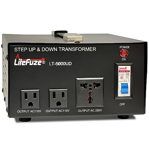 LiteFuze 5000 Watt Voltage Converter Transformer Step Up/Down - 110v to 220v / 220v to 110v Power Converter - Fully USA Grounded Cord - Universal Outlet Socket, 2x US Outlets - CE Certified