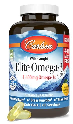 Carlson - Elite Omega-3 Gems, 1600 mg Omega-3 Fatty Acids Including EPA and DHA, Norwegian, Wild-Caught Fish Oil Supplement, Sustainably Sourced Omega 3 Fish Oil Capsules, Lemon, 130 Softgels