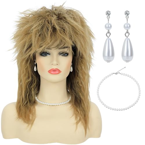 Bettecos 80s Tina Rock Diva Costume Wig with Necklace and Earring for Women Big Hair Blonde 70s 80s Rocker Mullet Wigs Glam Punk Rock Rockstar Cosplay Wig for Halloween Party (Blonde)