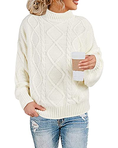 Womens Turtleneck Oversized Pullover Sweaters Cable Knit Batwing Long Sleeve Loose Fit Chunky Jumper Tops Beige