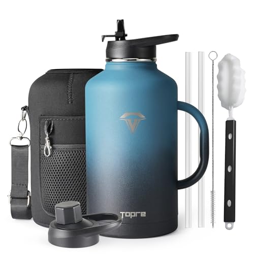 Topre 64 oz Insulated Stainless Steel Water Bottle with Handle and Carry Pouch, Half Gallon Mug Tumbler with Straw Lid Spout Lid,Reusable Metal Water Bottle Jug Flask Cup,Keep Cold & Hot,Indigo Black