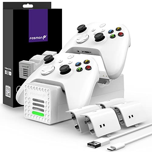 Fosmon Quad PRO 2 Controller Charger Compatible with Xbox-Series X/S Controllers (Not for Xbox-One / 360 / Elite 2) Controllers, Dual Dock Charging Station with 4 Rechargeable Battery Packs - White