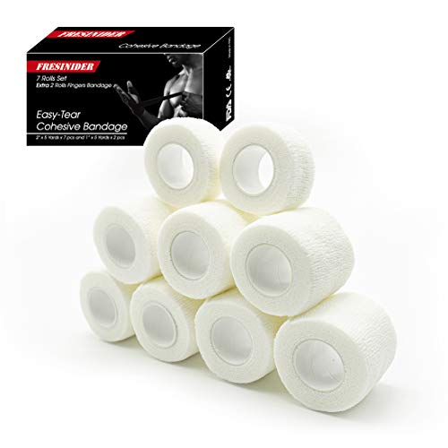 FRESINIDER 9 Rolls Self Adhesive Wrap Athletic Tape Gauze, Breathable Elastic Cohesive Bandage for Sports Injury & Pet (7 Pcs 2'x 5 Yards + 2 Pcs 1' X 5 Yards) (White)
