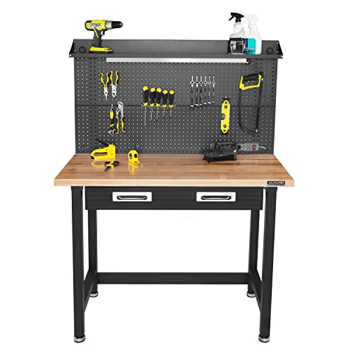 Seville Classics UltraHD Heavy Duty Commercial Lighted Workcenter w/Pegboard, 500 lbs. Weight Capacity for Garage, Warehouse, Workshop, Solid Wood Top, Graphite, 48' W x 24' D x 65.5' H
