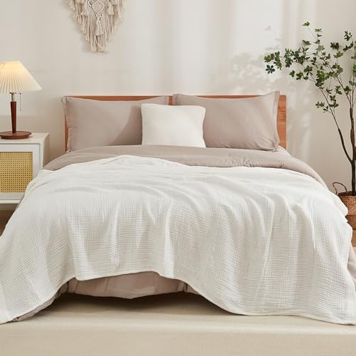 EMME Cotton Blanket Queen Size for Bed Soft Large Muslin Bed Bedspread 80'x90' Lightweight Breathable White Blanket All Season Gauze Blanket, White