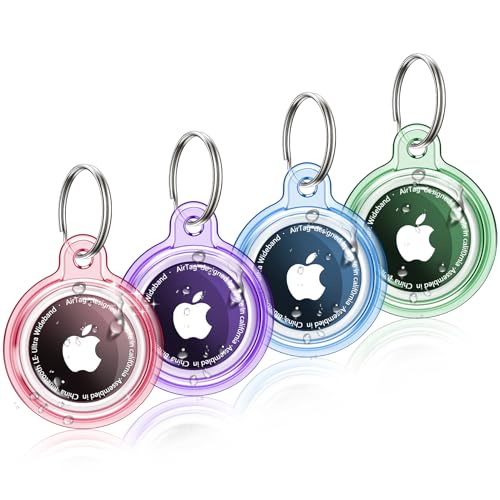 4 Pack Airtag Holder,Air Tag Case with Keychain,Lightweight Anti-Scratch, Easy Installation,Shockproof & Dustproof for GPS Receiver Antenna,Luggage,Keys,Kids,Pet Collar (Black+Clear+Blue+Pink)