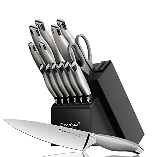 Emojoy Knife Set with Block, 15 Pieces Kitchen Knife Set with Built-in Sharpener, German Stainless Steel Sharp Chef Knife Set with Hollow Handle, Dishwasher Safe and Rust Proof (knife set)