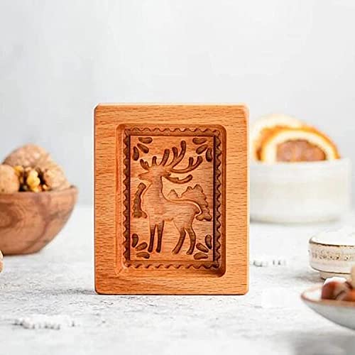Carved Wooden Cookie Mold Kitchen Cookie Cutter Gingerbread Cookie Stamp Biscuit Press Stamp Molds Pine Cones Provence Rose Cookie Cutter for Cookie Stamp (Deer)