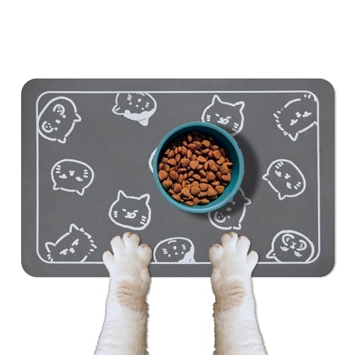 YCT Cat Food Mat for Pet Dog Food Mat, Cat Mat for Food and Water, Cat Feeding Mat Pet Dog Cat Bowl Mat, Non-Slip Super Absorbent, with Multiple cat Heads Logo，18.1 x 11.8 inches, Dark Grey