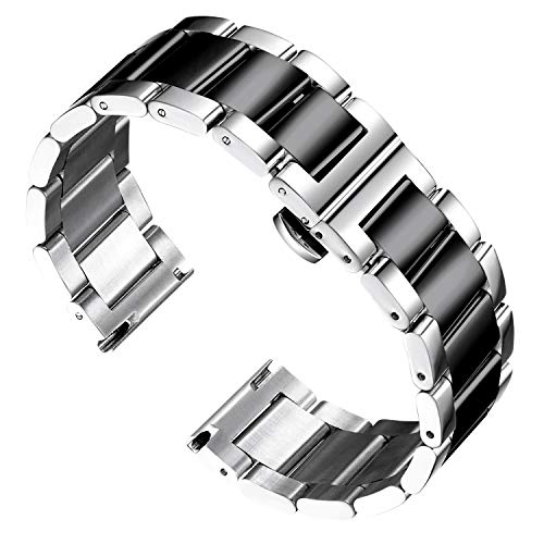 BINLUN Thick Stainless Steel Watch Band Metal Heavy Polished Matte Brushed Finish Watch Strap Replacement for Men Women 16mm/18mm/20mm/21mm/22mm/23mm/24mm/26mm(Polished Silver and Black,18mm)