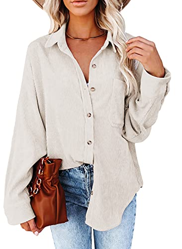 Astylish Womens Soft Cuffed Sleeve Corduroy Collar Shirts Long Plus Size Button Down Blouse Tops Beige L