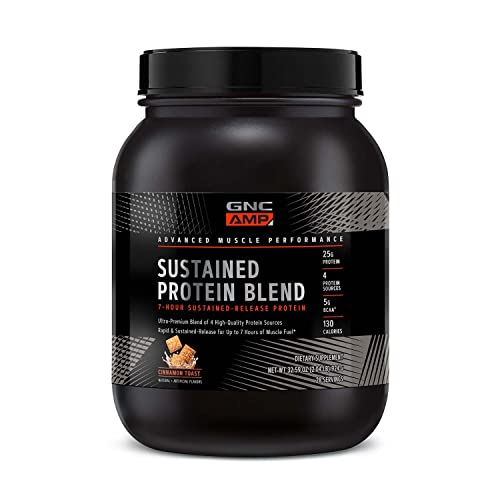 GNC AMP Sustained Protein Blend | Targeted Muscle Building and Exercise Formula | 4 Protein Sources with Rapid & Sustained Release | Gluten Free | Cinnamon Toast | 28 Servings