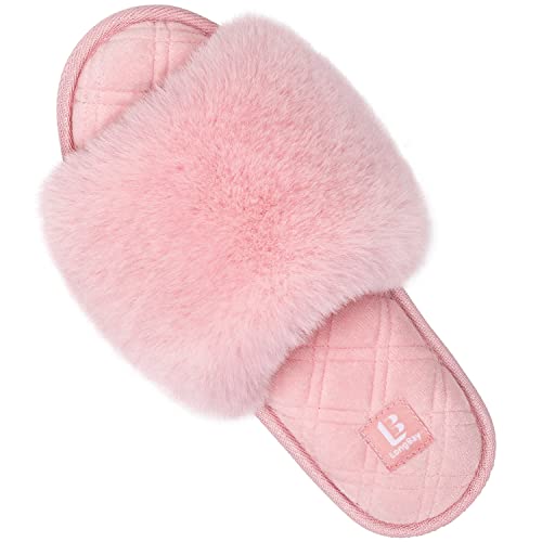 LongBay Women's Fuzzy Faux Fur Memory Foam Cozy Flat Spa Slide Slippers Comfy Open Toe Slip On House Shoes Sandals (Small / 5-6, Pink)